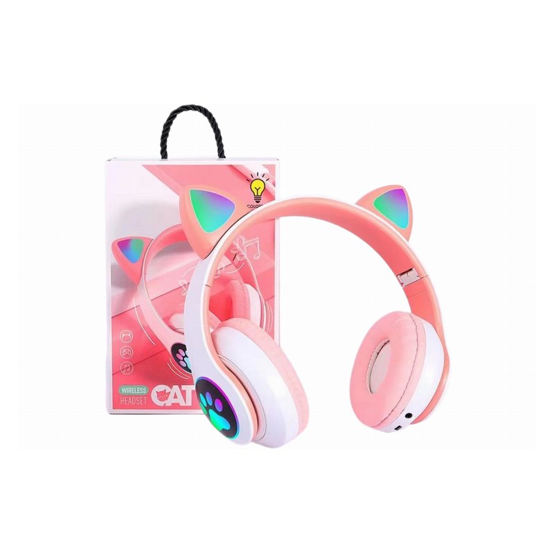 Casque Bluetooth STN-28 Rose avec Oreilles de Chat LED Pliables et Micro Intégré