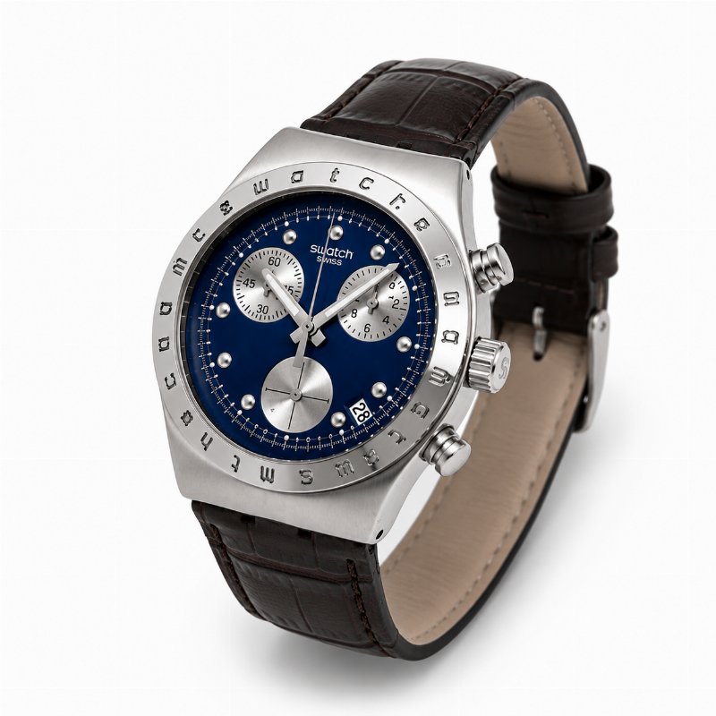 Montre Swatch Irony Chronograph – Cadran Bleu, Bracelet Cuir Marron